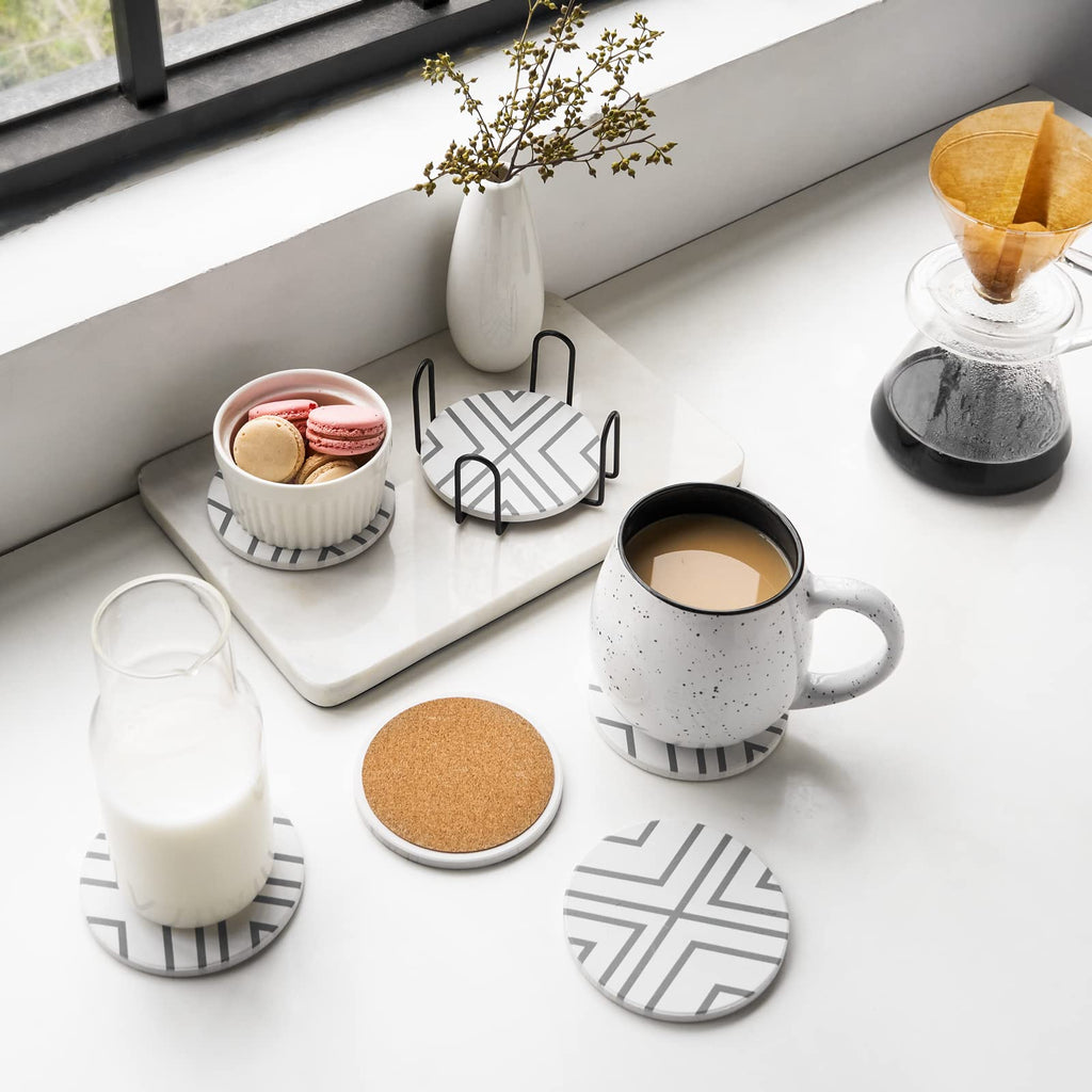 6 Piece Absorbent Stone Coaster Set with Holder, Ceramic Drink Coasters, 4 Inch Farmhouse Coasters with Cork Base