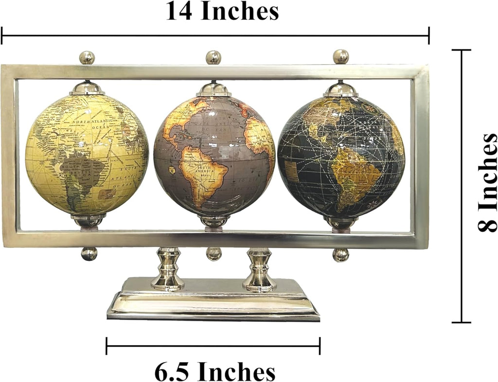 4'' World Globes Sturdy Metal Silver Stand Rotating Desktop Globe For Geographic Home Decorative Desk Table - Set of 3