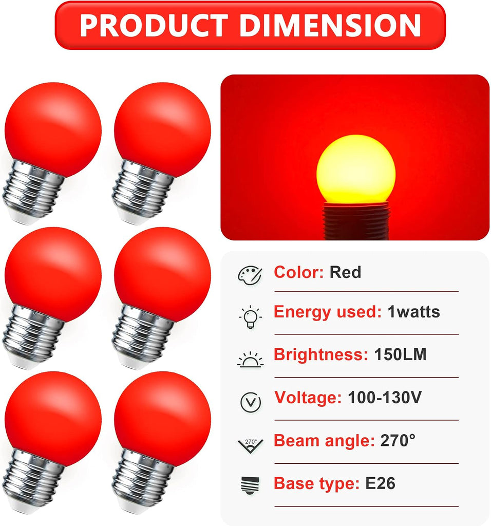 G45 LED Red Light Bulb 15W Equivalent 1W, 150LM Mini Edison E26 Base Bulb