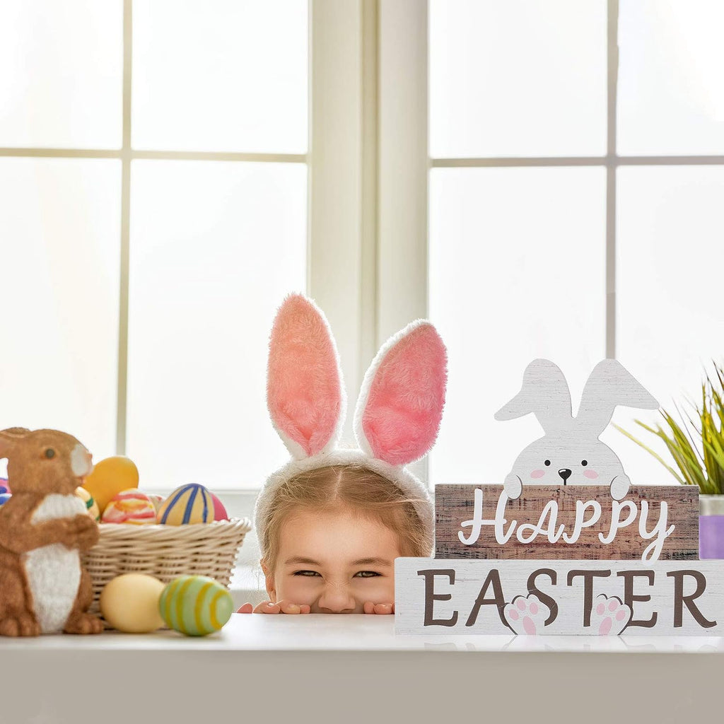 Easter Decorations for Table, Wooden Happy Easter Bunny Decor Sign, Wood Rabbit Block Tabletop Centerpiece Farmhouse