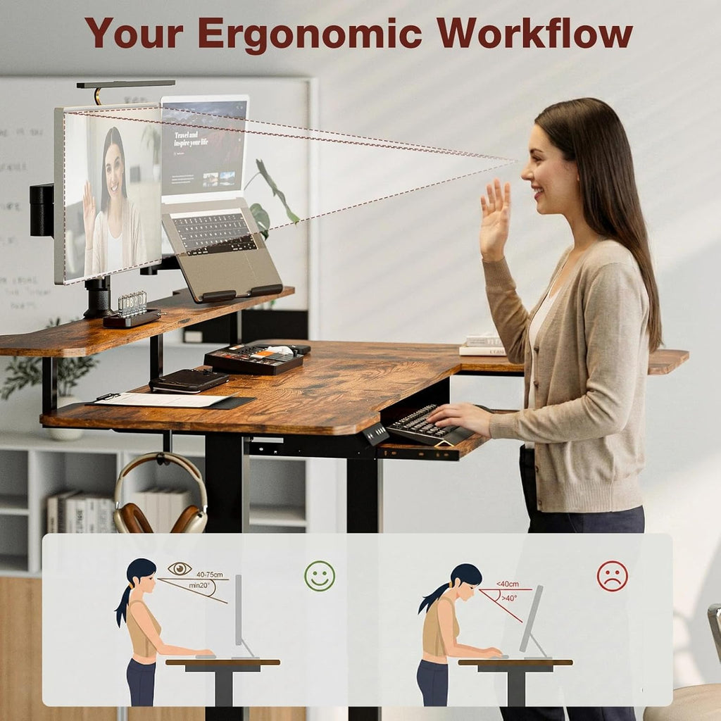 59 Inch L Shaped Standing Desk with Shelves and Keyboard, Electric Corner Standing Desk Adjustable Height, Sit Stand
