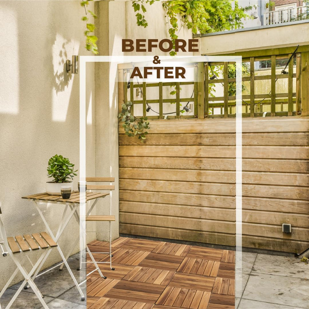Pack of 10 Deck Tiles - 12"x12" Interlocking Natural Solid Acacia Wood for Outdoor & Indoor, Patio Garden, Balcony