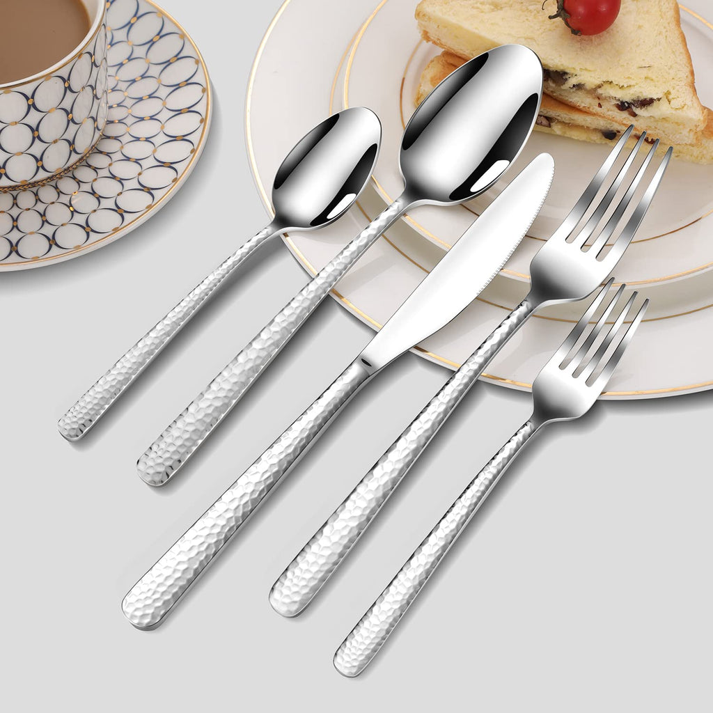 Hammered Silverware Set, 30 Pieces Flatware Set Service for 6, Premium Stainless Steel Mirror Polished Cutlery