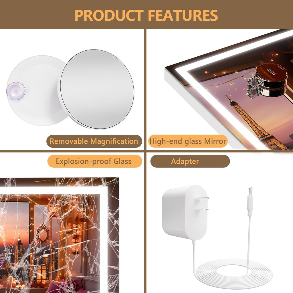 Vanity Mirror with Lights, 32" x 24" LED Makeup Mirror, Lighted Makeup Mirror with Dimmable 3 Modes, Touch Screen
