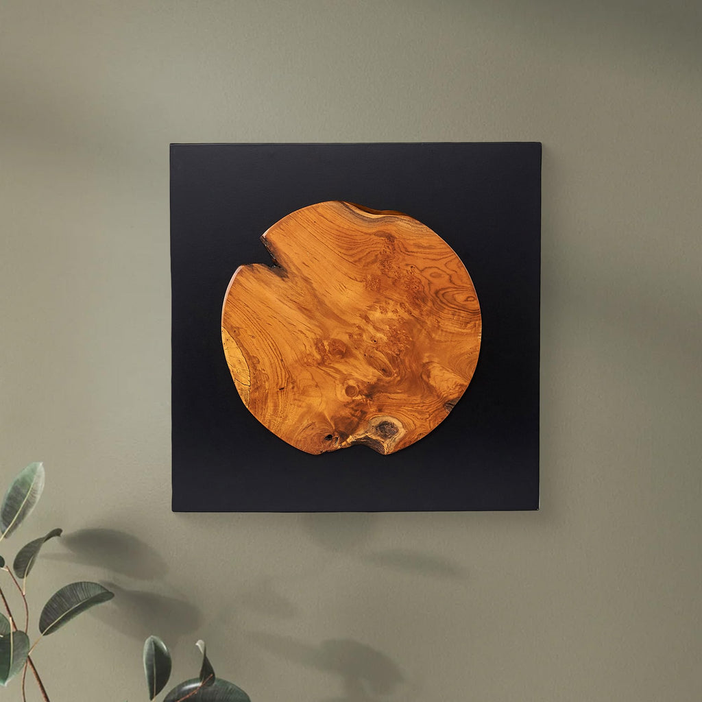 Teak Wood Wall Art Décor 17" Live Edge Caved Round Slice Pattern