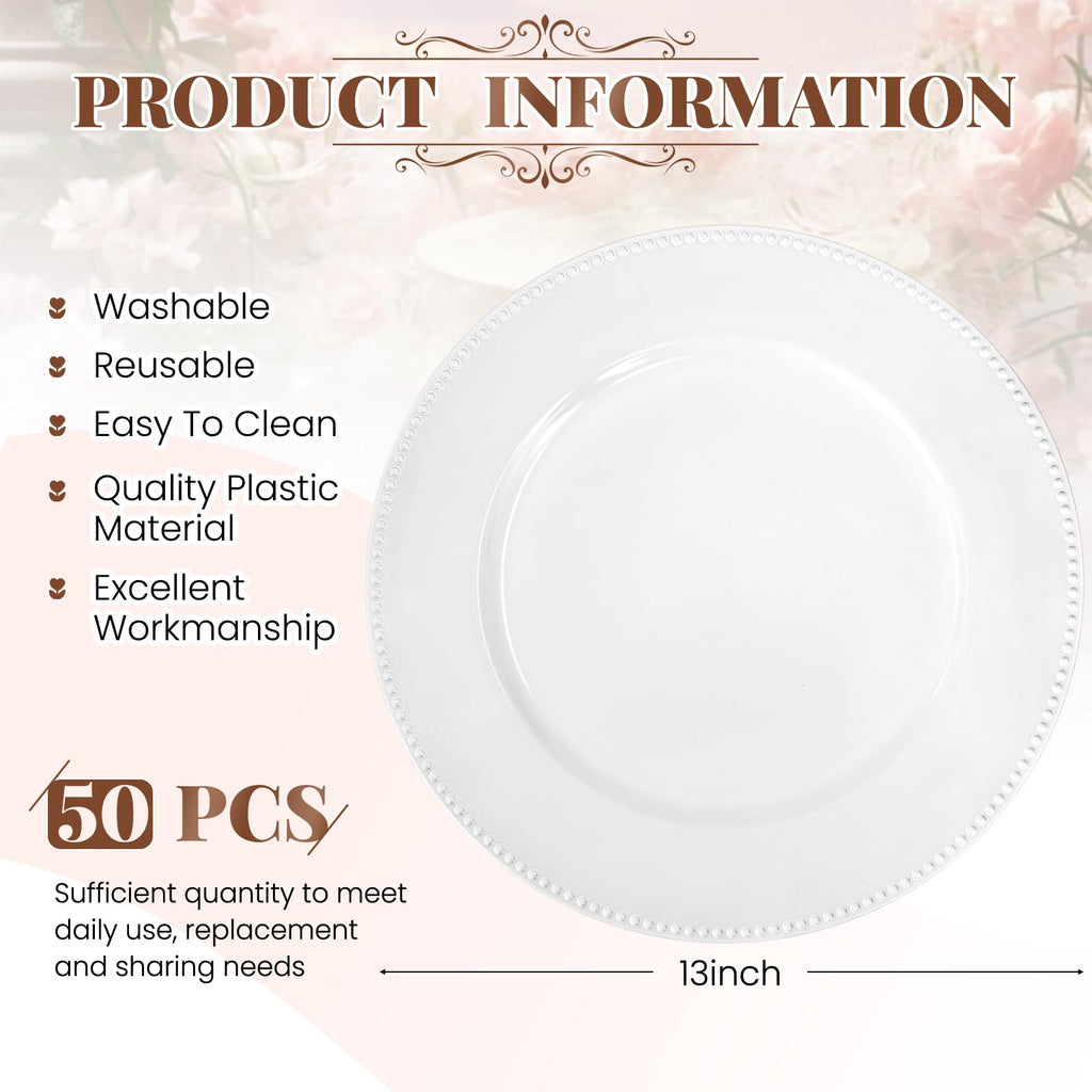 50 Pcs White Charger Plates Bulk, 13" Round Beaded Chargers