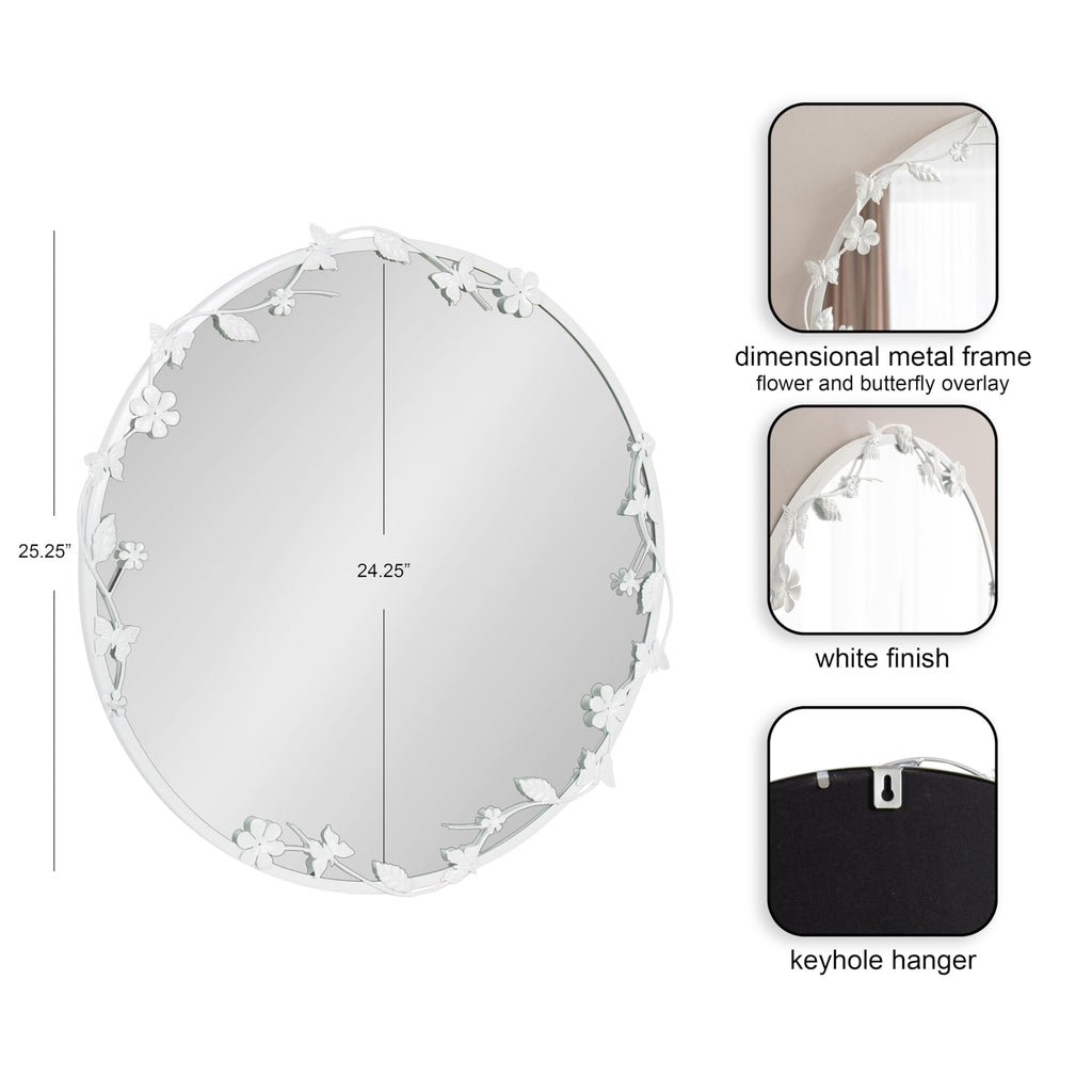 Rosella Modern Ornate Round Wall Mirror, 26 Inch Diameter, White, Circle Mirror with Floral Detailing for Use as