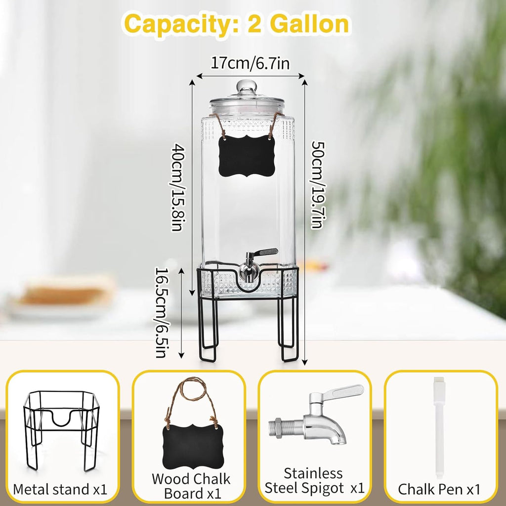 2 Gallon Glass Drink Dispenser, Drink Dispensers for Parties, Beverage Dispenser with Stand and Glass Lid, 100%