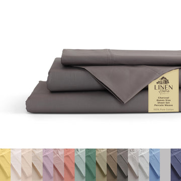 100% Cotton Percale Sheets, 4 Pc Cooling Set - Charcoal
