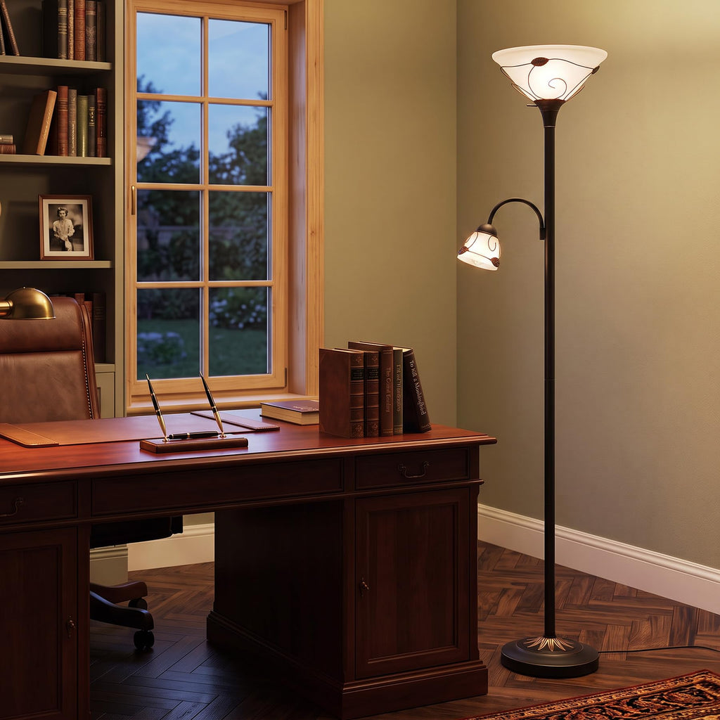 Torchiere Floor Lamp Tiffany Style w/ Side Reading Light, 3-Way Switch Combo Antique Bronze Mother Daughter Floor
