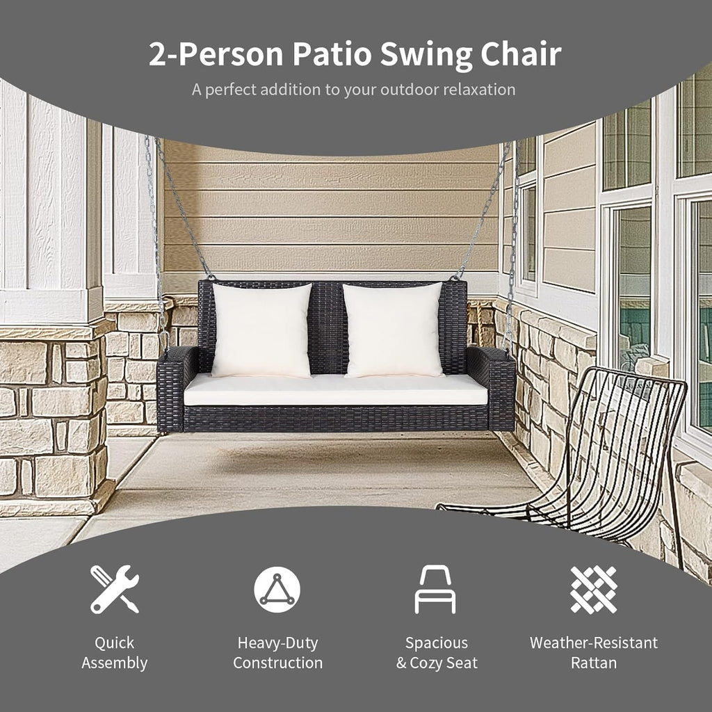 2-Seat Rattan Porch Swing, Wicker Outdoor Swings w/7.9 Ft Solid Metal Chain, Back & Seat Cushions for Garden