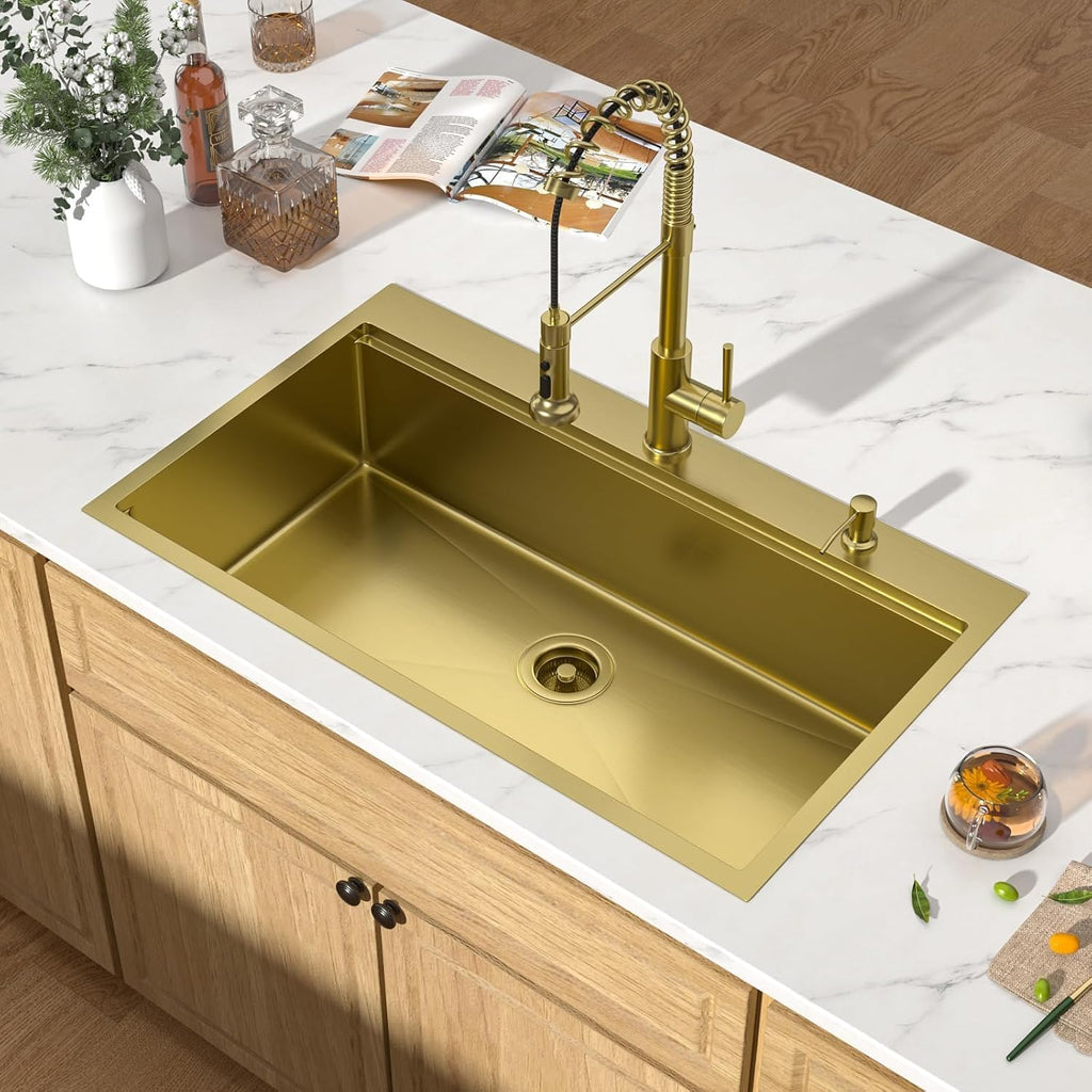 36x22" Gold Drop Sink, Workstation All-In One, SUS304 | 16 Gauge Stainless Steel Single Bowl Topmount Large Kitchen
