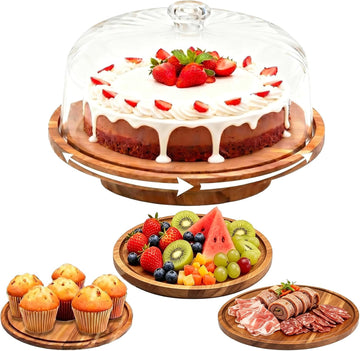 Cake Stand with Lid, 10.8'' Shatterproof Acrylic Dome (Not Glass), 11.8'' Rotating Acacia Wood Cake Display Stand