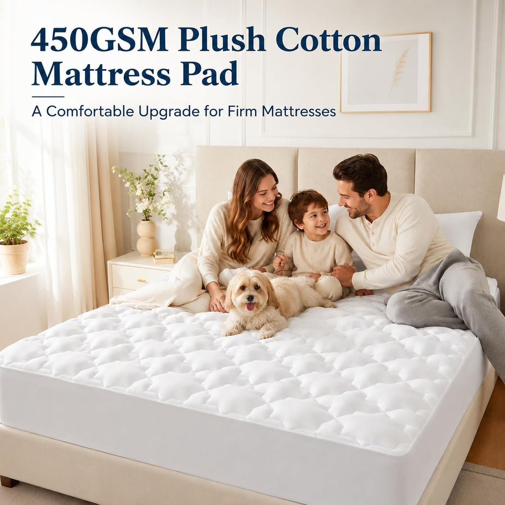 Queen Mattress Pad, 450 GSM Fill, Cotton Top, 8-21 Inch Pocket | OEKO-TEX Certified, White Queen 60 x 80 Inches
