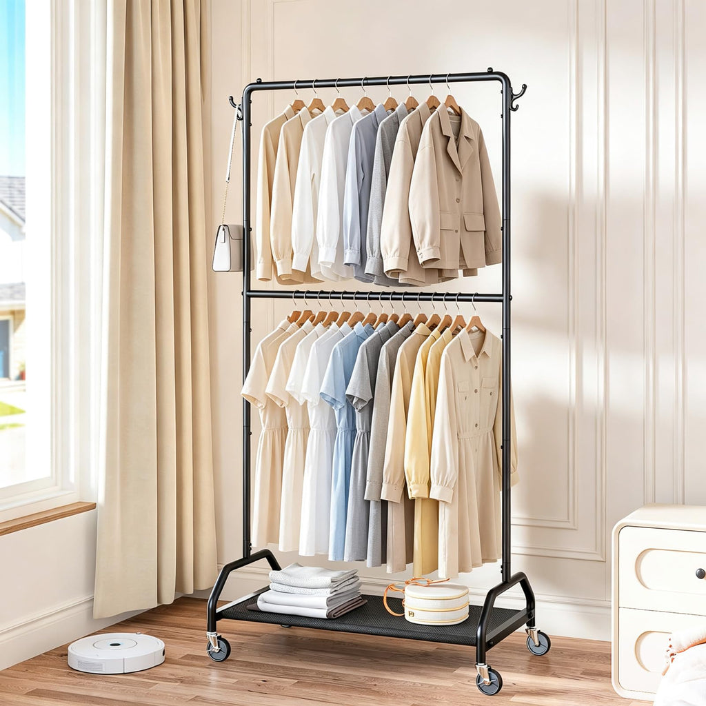 Clothes Rack Double Hanging Clothes Rack Clothing Rack Garment Rack 130LBS Capacity 34.5" W X15.8 D X 79" H Rolling