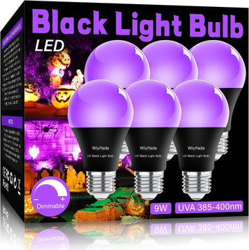 LED Black Light Bulbs 6 Pack, Dimmable A19 9W,UVA Level 385-400nm
