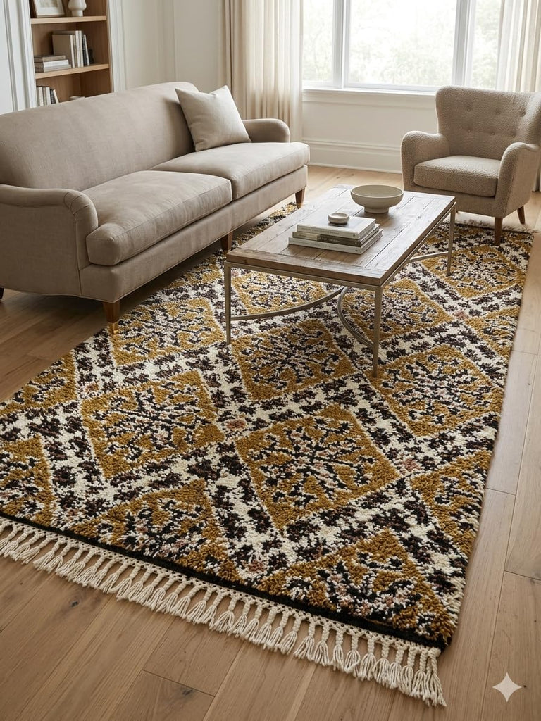 Wool Rug 6' x 9' - Handmade Berber Shag Area Rug, Ochre and Cream Traditional Diamond Pattern, Atlas Artisan Wool