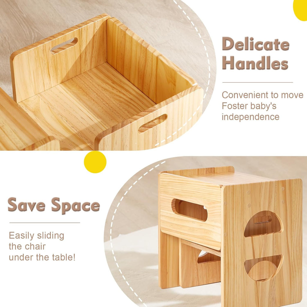 Height Adjustable Montessori Table and Chair Set for Age 1-3, Solid Wood Toddler Table and Chair Set, Weaning Baby