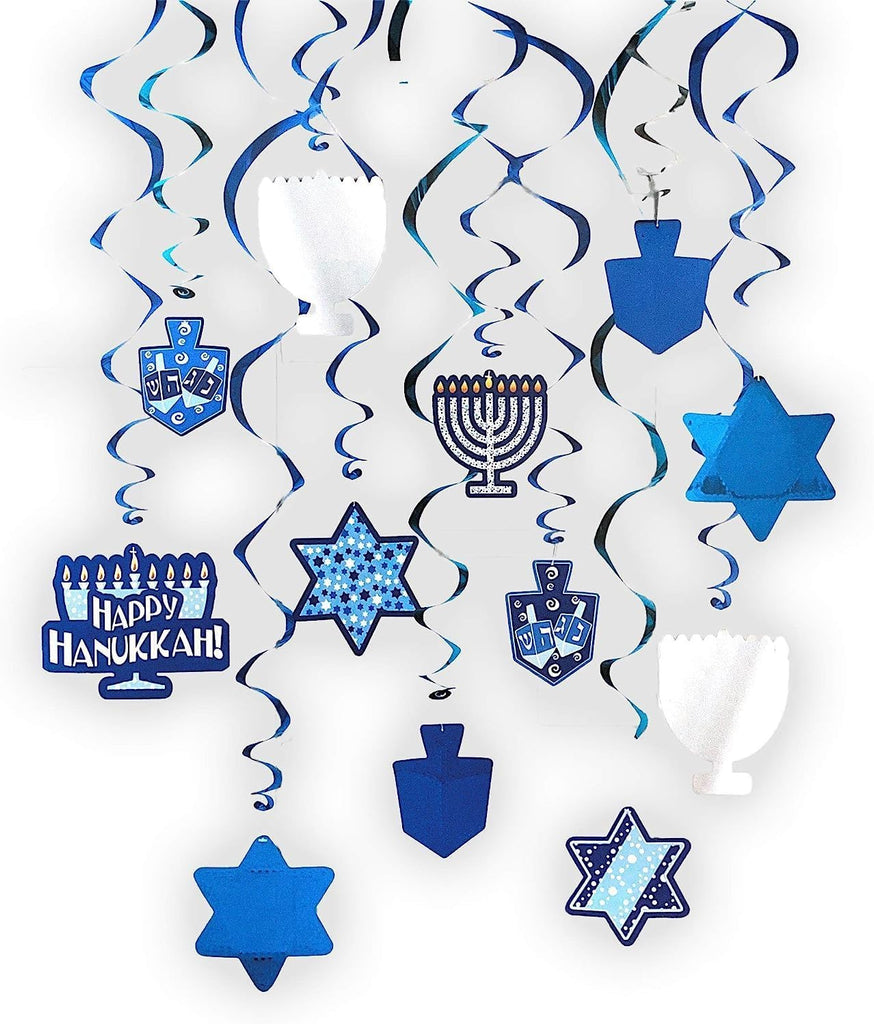 Hanukkah Swirl Decorations, Includes 12 Swirls with Foil Hanukkah Cutouts 24" and Swirls Alone Hang 18" Long (2-Pack) - Set of 2