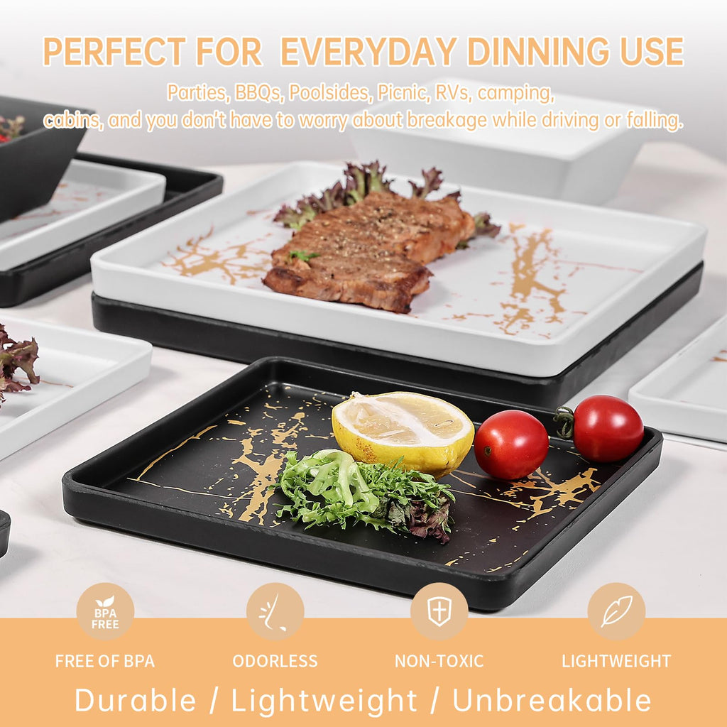 Square Melamine Dinnerware Sets of 12pcs - Black and White