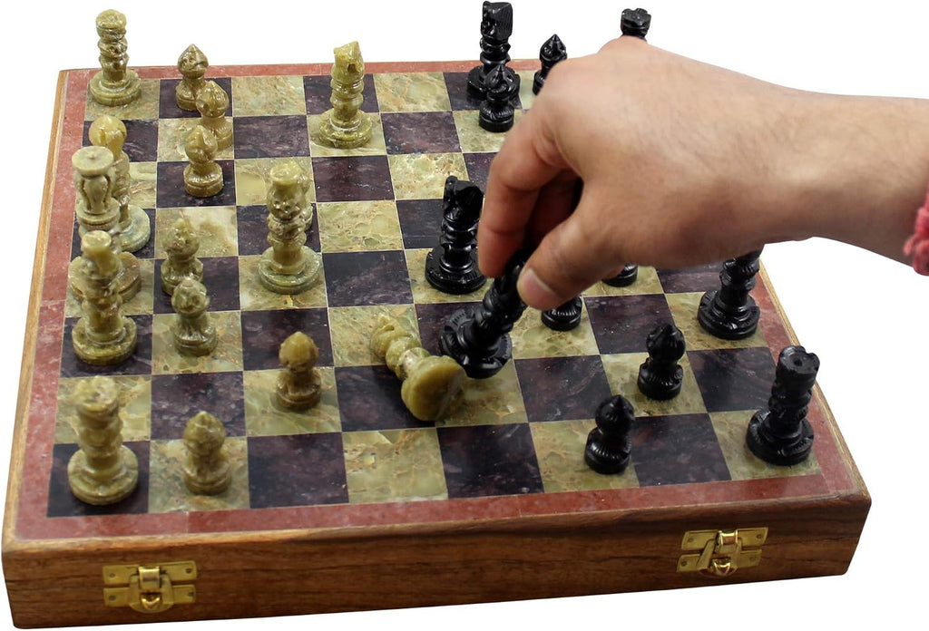 Marble Stone Art Unique India Chess Pieces and Board Games Set 8 X 8 Inches - Indian Handmade Unique Gifts