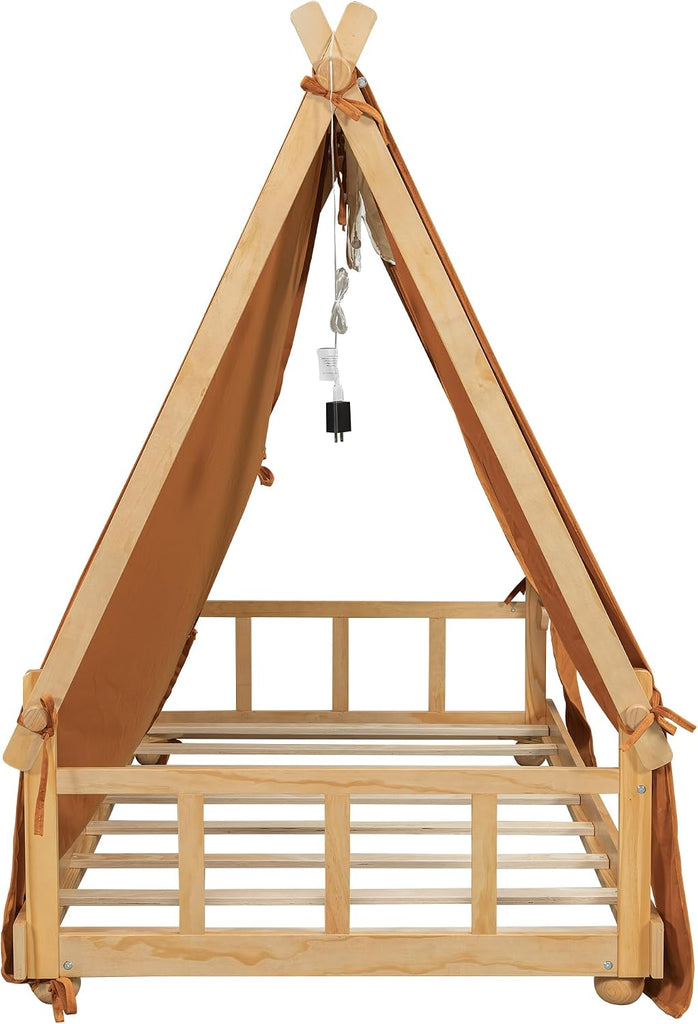 Twin Size House Bed with Tent & Light, Wooden Full Montessori Floor Beds for Kids with Roof, DIY Playhouse, No Box