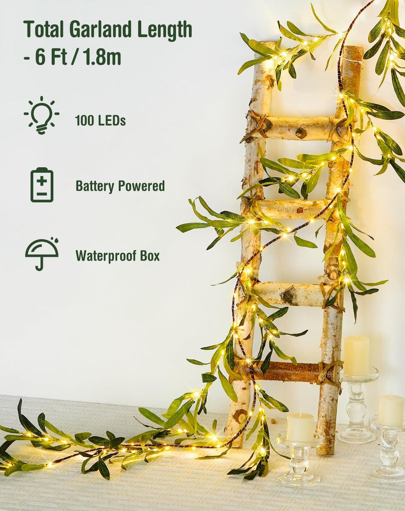 LED 6 Ft Artificial Olive Lighted Garland for Fireplace Decor - Set of 6