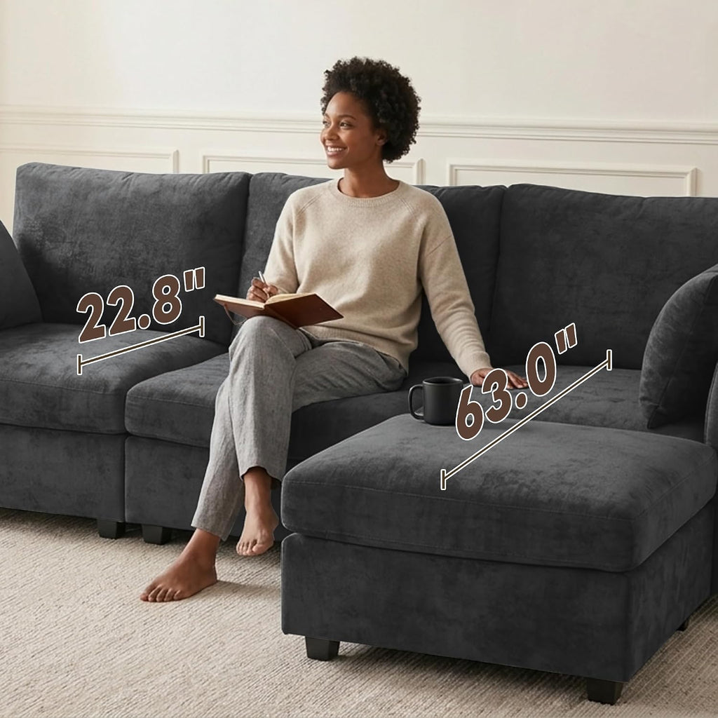 Sectional Couch , Comfy L Shaped Convertible Sofa, 4 Seater Modern Chenille Sofa with Ottoman,Black