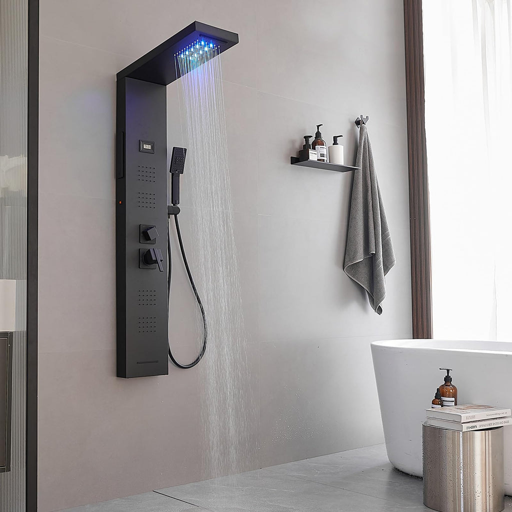 Black Shower Panel, Bathroom Shower Panel Tower System with Temperature Display Wall Mount