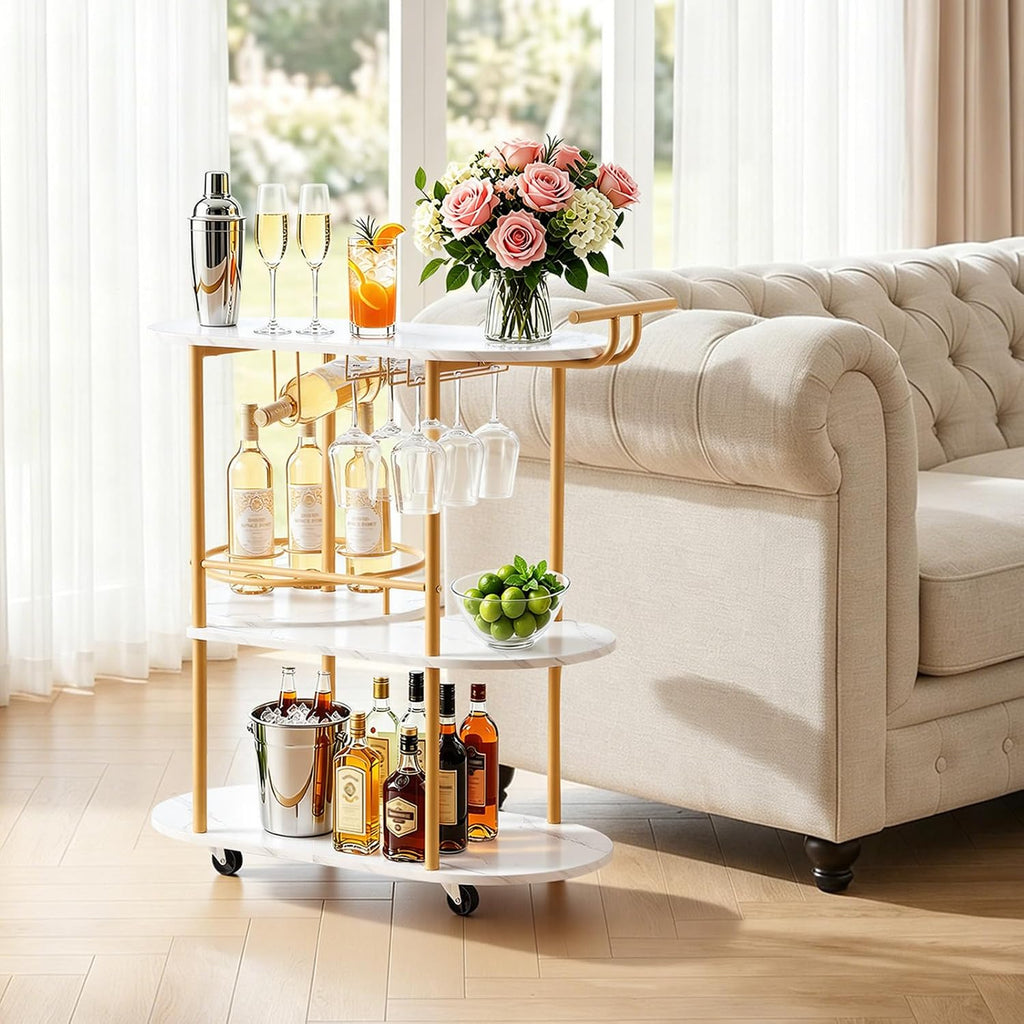 Bar Cart, 3 Tiers Home Kitchen Serving Carts, Modern Round Rolling Utility Station on Wheels, Mobile Drink Beverage