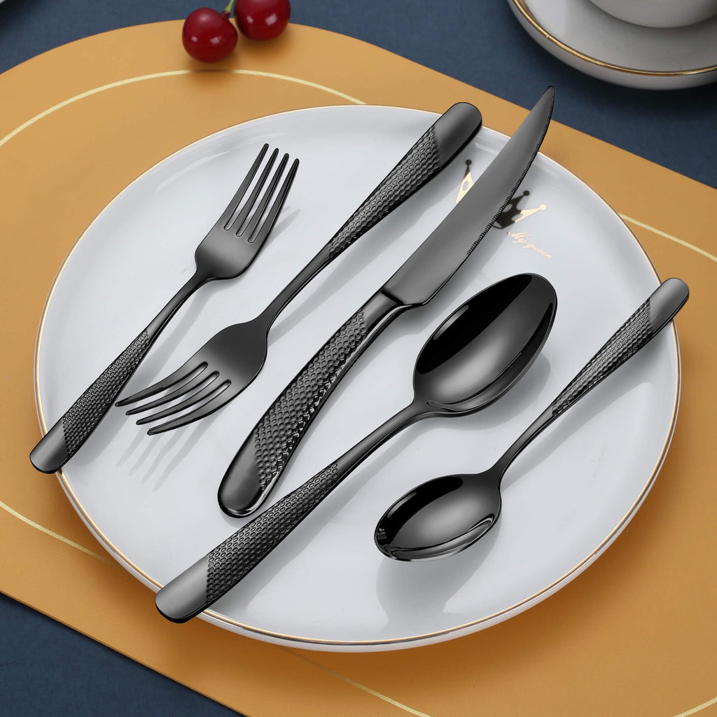 Hammered 30-Pieces Set Black Silverware Set for 6 with Serrated Forging Knives,18/10 Stainless Steel Modern Flatware