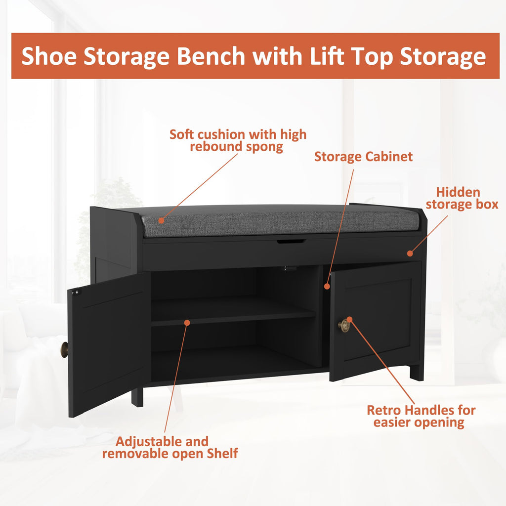 30" Shoe Bench with Lift Top Storage, Entryway Bench with Cushioned Seat, Wooden End of Bed Bench, Shoe Cabinet Bench