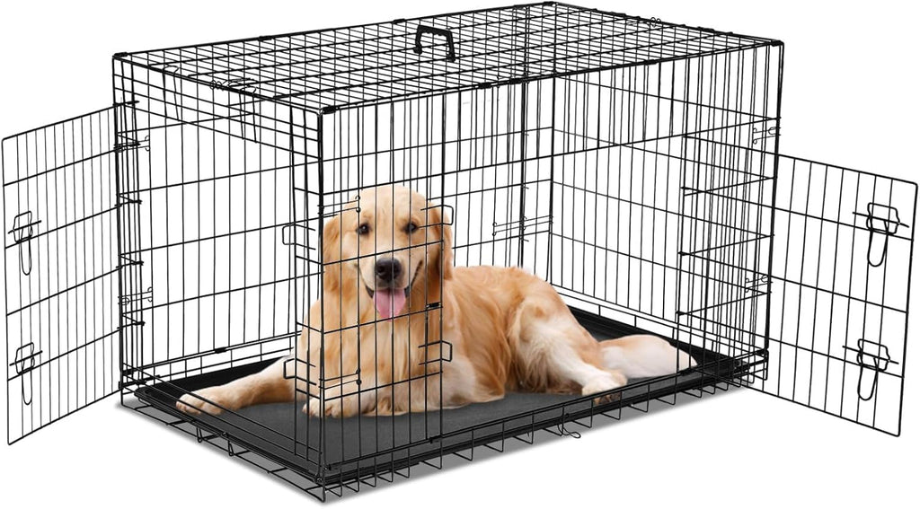 Dog Crate - 36 Inch Medium Double Door Portable Dog Cage, Metal Wire Pet Kennel with Secure Lock, Leak-Proof Pan Tray