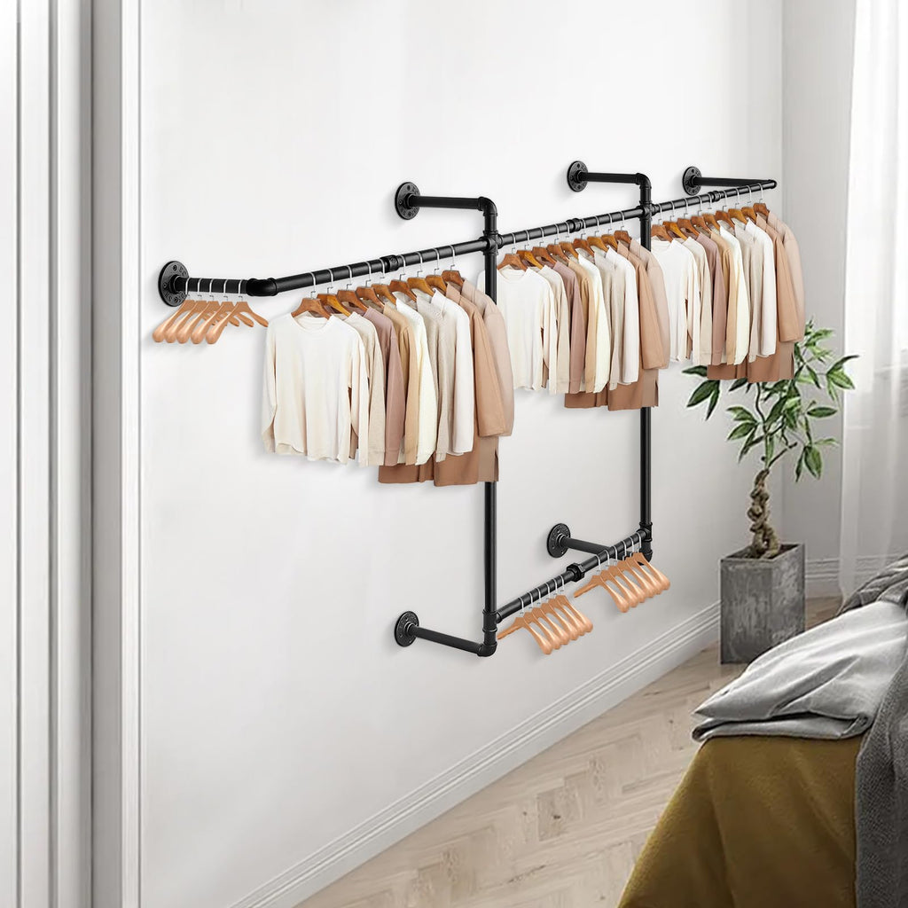 Industrial Pipe Clothes Rack, Heavy Duty Detachable Iron Garment Rack Wall Mounted, Rustic Saving Space Clothes Bar