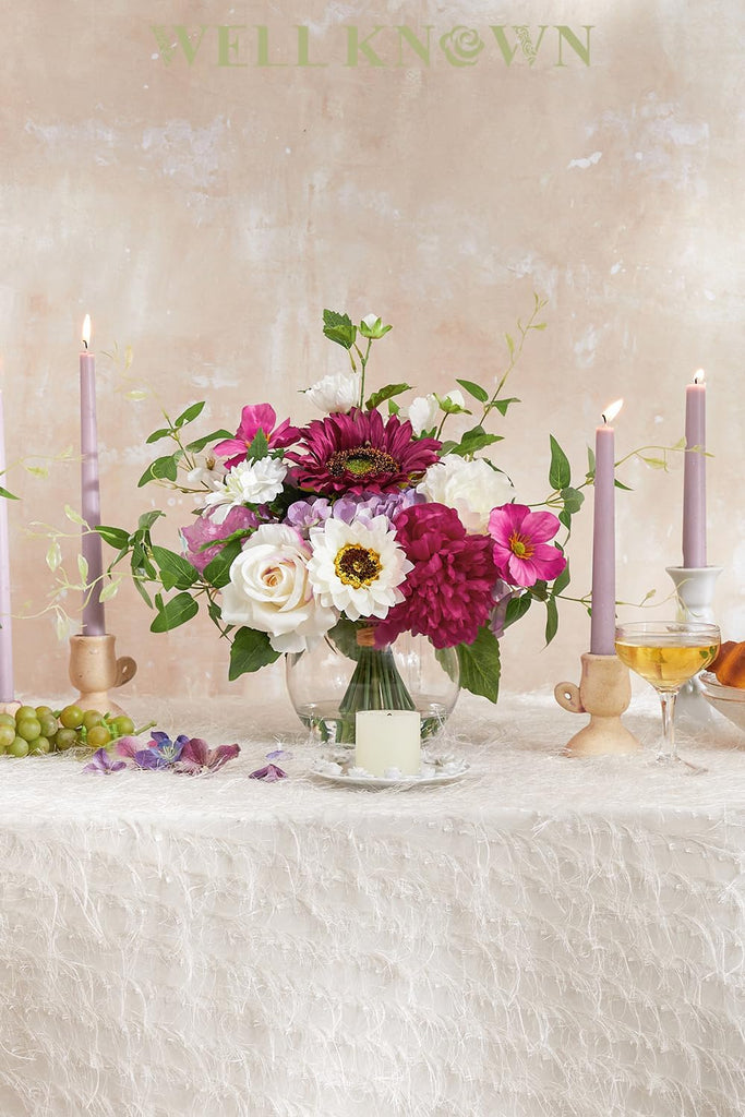 Artificial Flowers Centerpieces in Glass Vase with Fake Water, Silk White Rose Sunflowers Peony Bouquet with Vase for