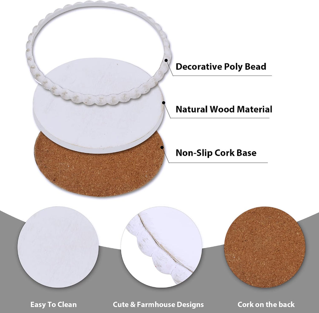 GENMOUS 6 Pack Farmhouse Wooden Bead Coasters with Metal Holder for Coffee Table Decor, Round Handmade Cup Coasters - Set of 6