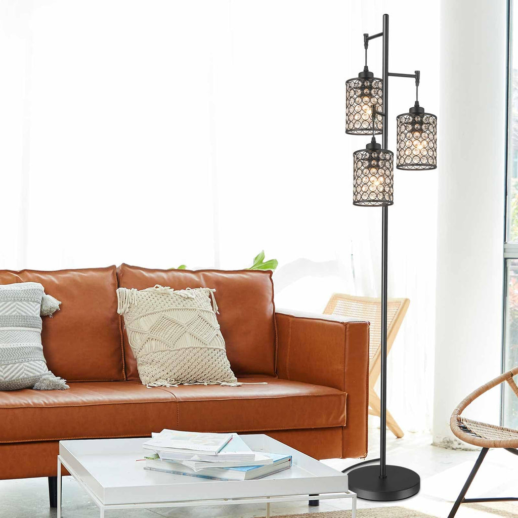 Modern 3-Light Tree Floor Lamp Crystal Standing Lamp, Black