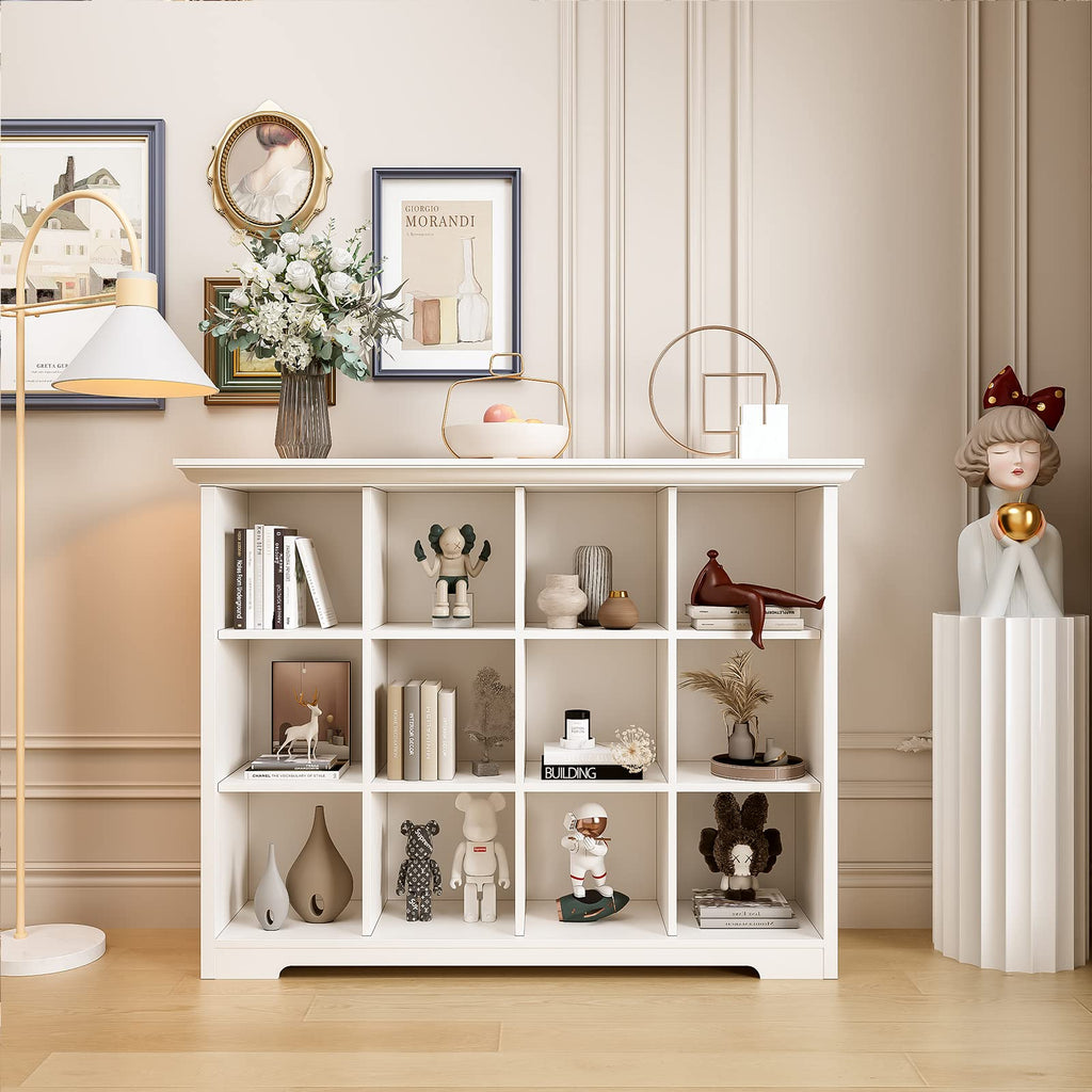 12-Cube Open Bookcase with Base, 3-Tier Wooden Bookshelf, White