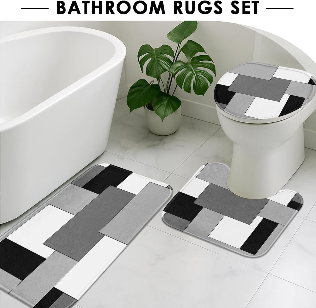 Grey Geometric Shower Curtain Set with Toilet Lid Cover and Non-Slip Rugs , Black White Checkered 4 Pcs Shower