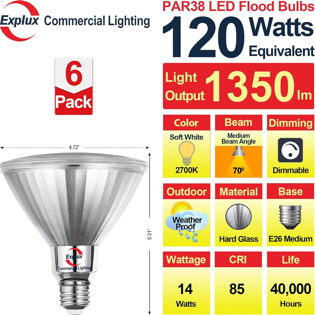 Full Glass LED PAR38 Bulb, 120W Equivalent, Soft White 2700K, 6-Pack