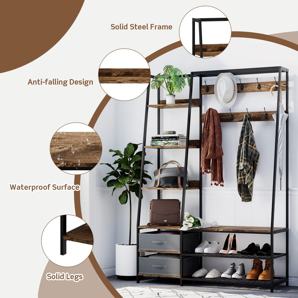Hall Tree with Bench and Shoe Storage, Industrial Entryway Bench with Coat Rack, 2 Fabric Dressers, 6 Side Shelves, 9