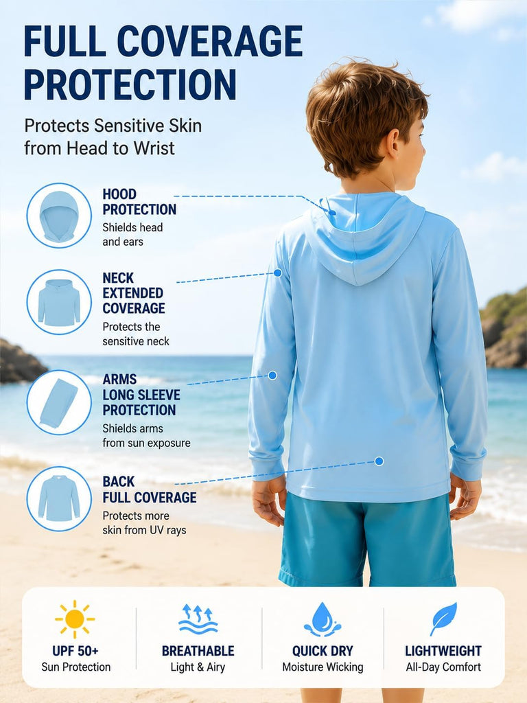 3 Pack Rash Guard for Boys Girls Long Sleeve Hooded Swim Shirt Kids UPF50+ Sun Protection Fishing Shirt