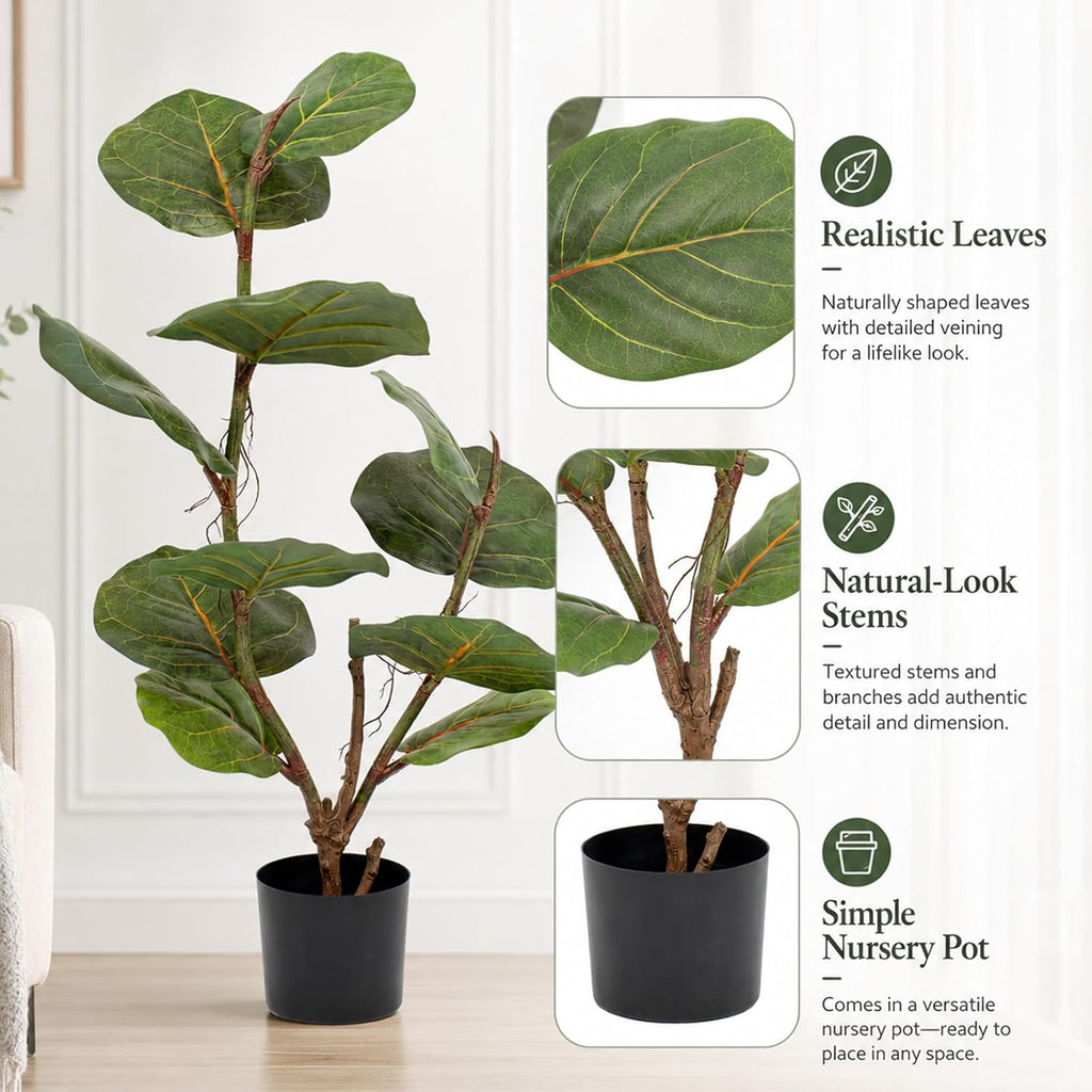 Faux Fiddle Leaf Fig Tree, 3 Ft Artificial Ficus Lyrata Plant 11 Fiddle Leaves, Fake Floor Plant in Pot Living Room