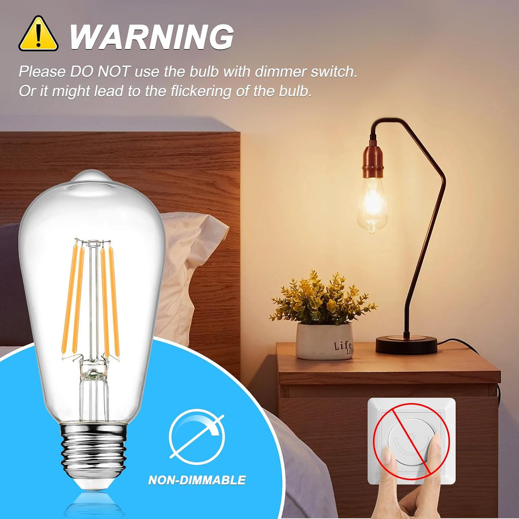 Vintage LED Edison Bulbs, 6W, Equivalent 60W, E26 Medium Base, Warm White 2700K, Non-Dimmable, ST58 Antique LED