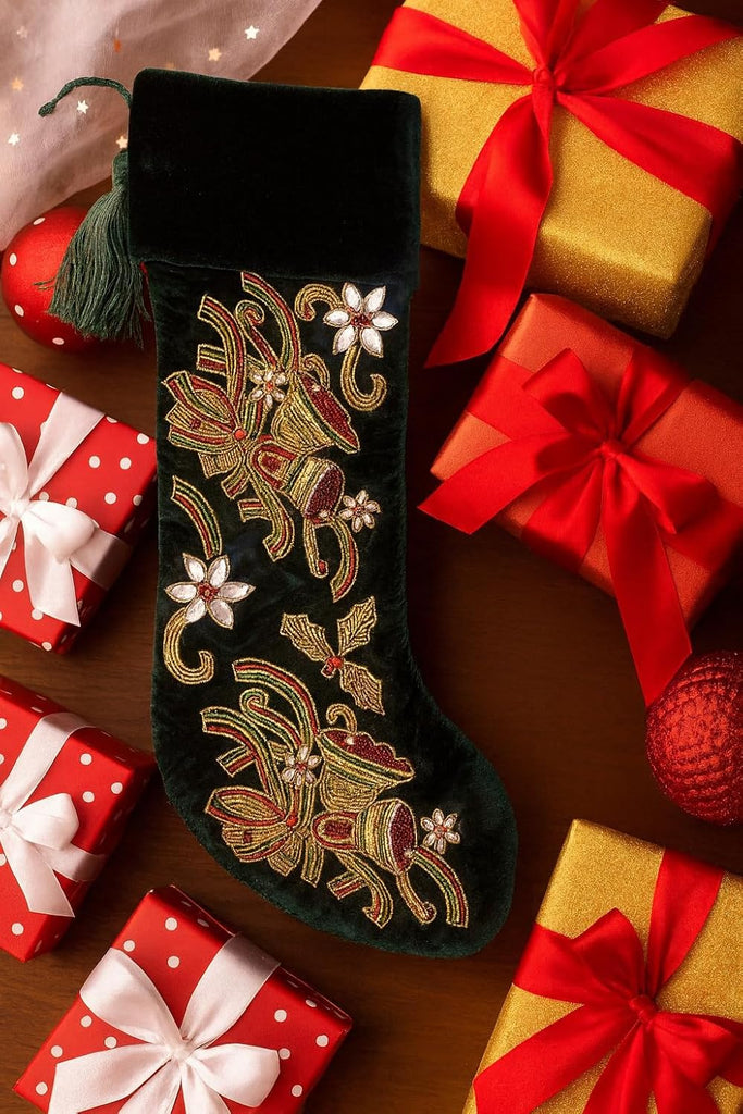 Christmas Stocking for Fireplace Mantel, Green Velvet Embroidered Holiday Stocking with Bird & Floral Design, Elegant