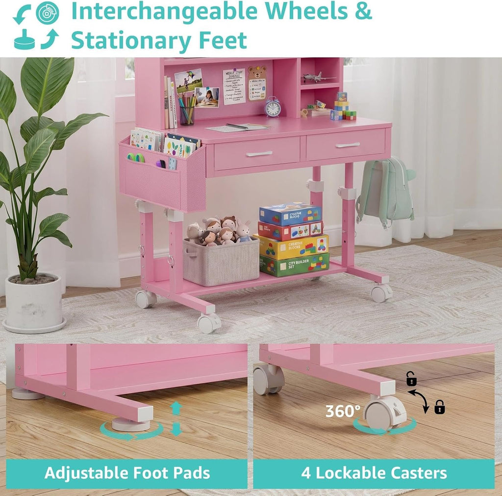 Pink Kids Desk with Hutch, 32" Height Adjustable Mobile Rolling Girls Desk