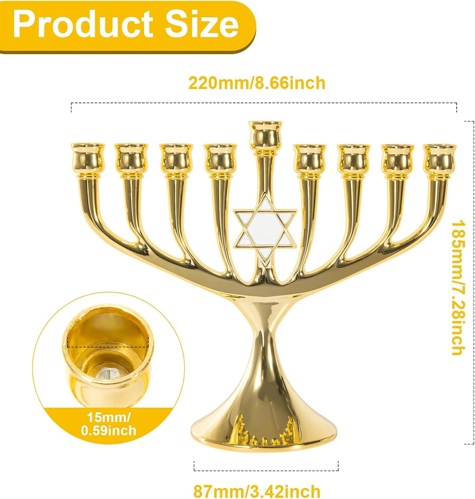 Hanukkah Upgrade Cups with Built-in Pins, Star of David Candle Holders 9 Branches Gold Plated Candlesticks Jewish