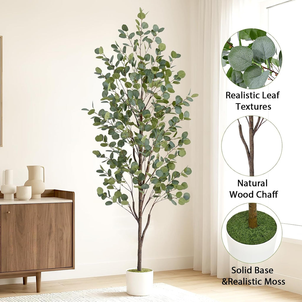 6FT Fake Eucalyptus Tree with Natural Wood Trunk, Artificial Eucalyptus Tree with Planter & Basket, Tall Faux Plant