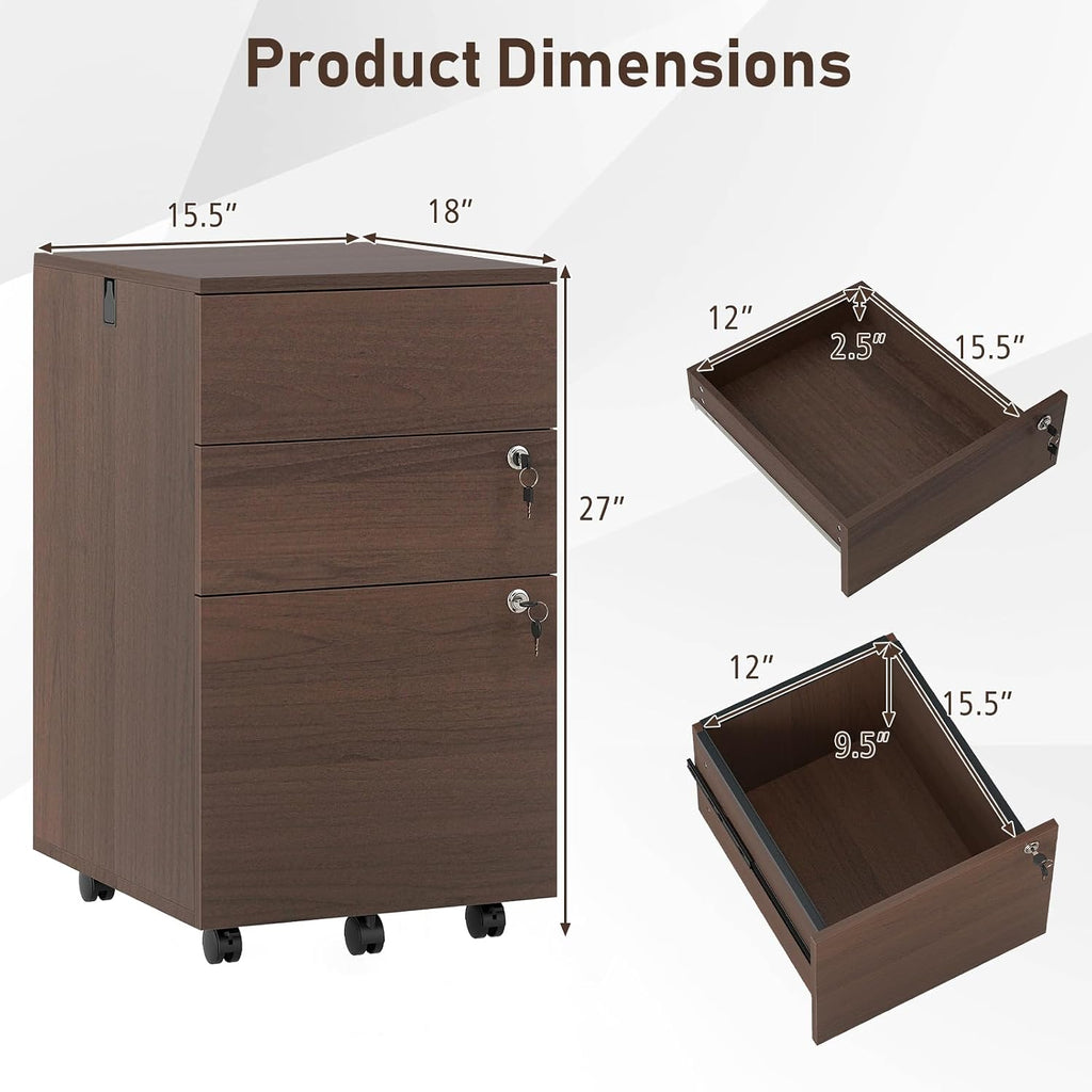 3-Drawer File Cabinet with Lock, 27-Inches Storage Cabinet with 2 Side Hooks, Mobile Printer Stand, Wheels, 4 Keys