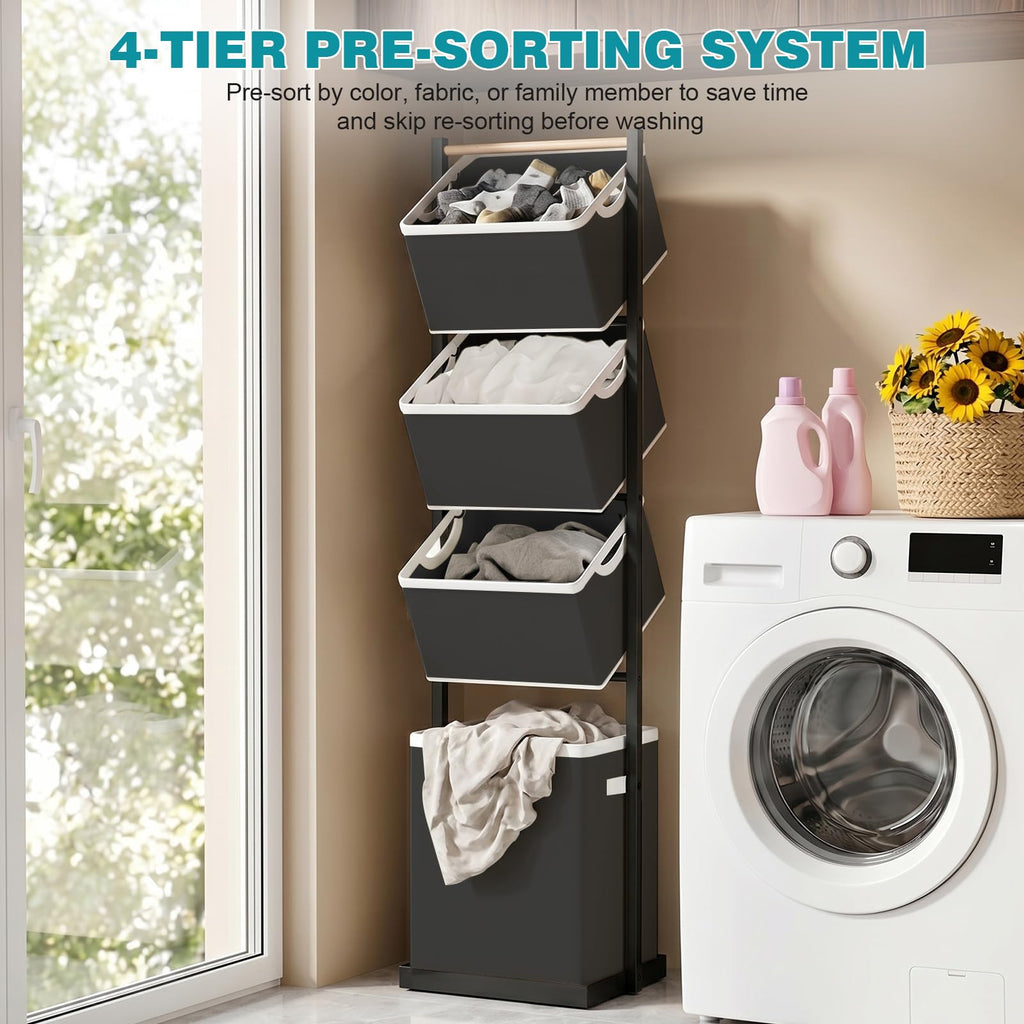 4-Tier Laundry Hamper Sorter, Vertical Laundry Sorter with Removable Basket